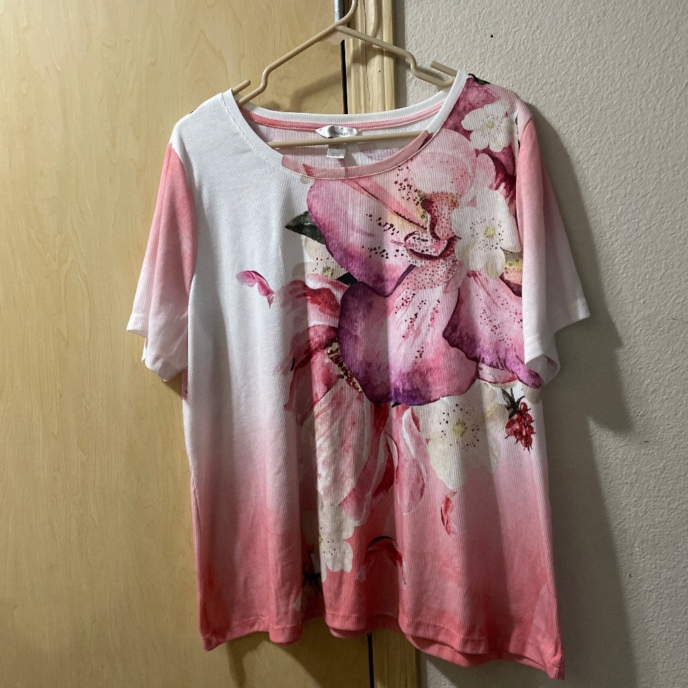 Women 2X Beautiful Floral Sparkly T-Shirt Blouse- 25 inches from pit to pit and - Picture 1 of 6